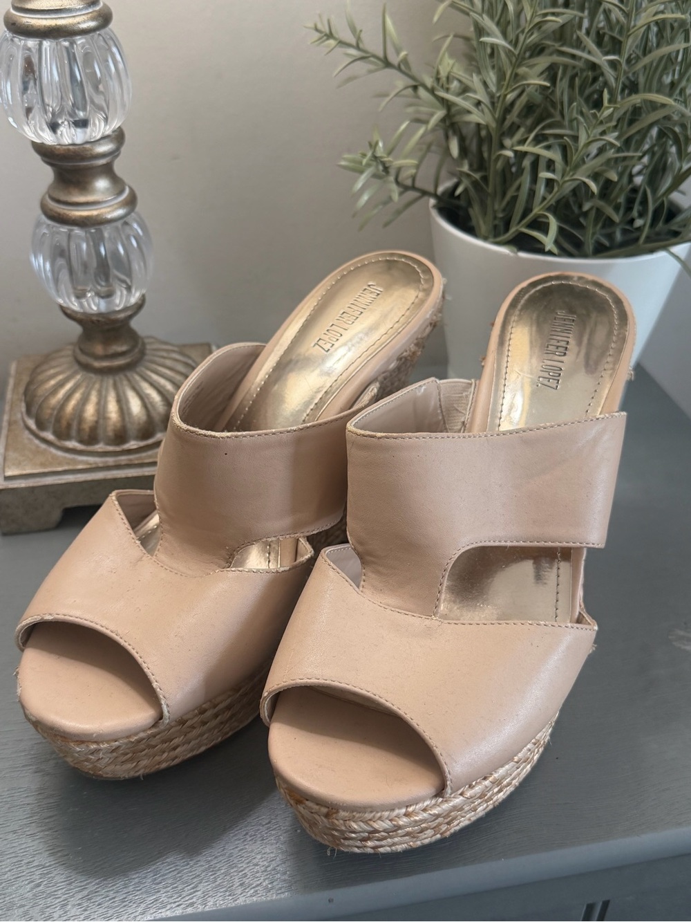 Jennifer Lopez Beige Espadrille Platform Wedge Mules